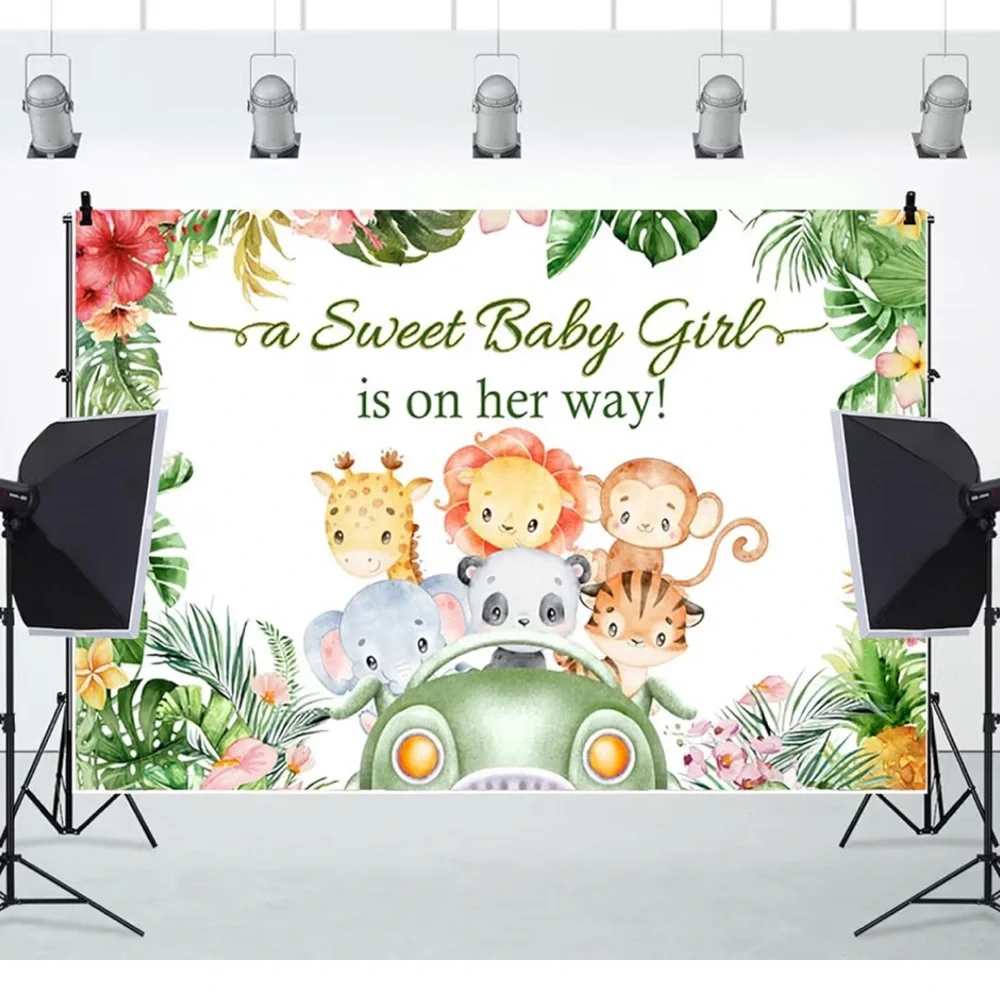 A Sweet Baby Girl is on the Way, # 4 , 12x8ft  Backdrop Safari Animal Party Baby
